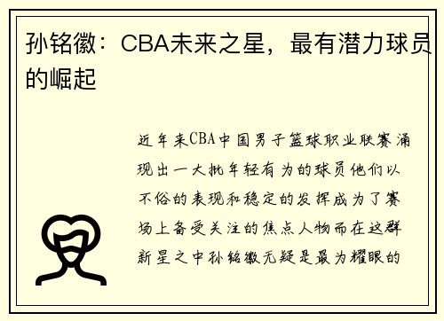 孙铭徽：CBA未来之星，最有潜力球员的崛起