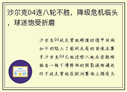 沙尔克04连八轮不胜，降级危机临头，球迷饱受折磨