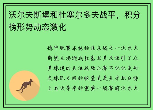 沃尔夫斯堡和杜塞尔多夫战平，积分榜形势动态激化