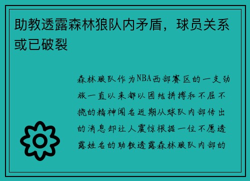 助教透露森林狼队内矛盾，球员关系或已破裂