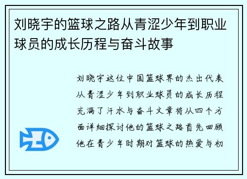 刘晓宇的篮球之路从青涩少年到职业球员的成长历程与奋斗故事